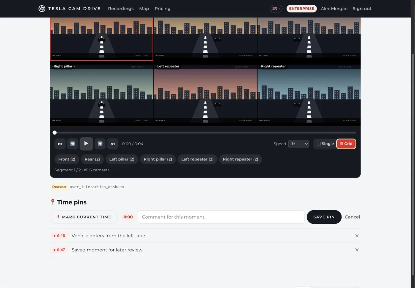 Tesla Cam Drive player showing six synchronised camera views, playback controls and time pins.