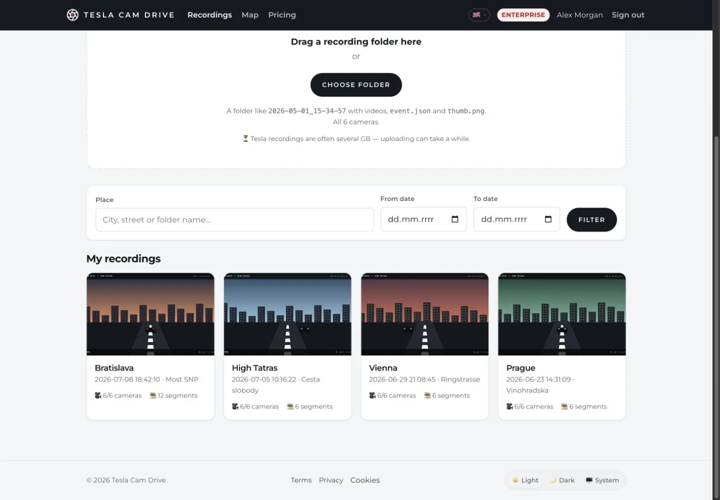 Tesla Cam Drive dashboard with storage statistics, upload area, filters and saved recording cards.